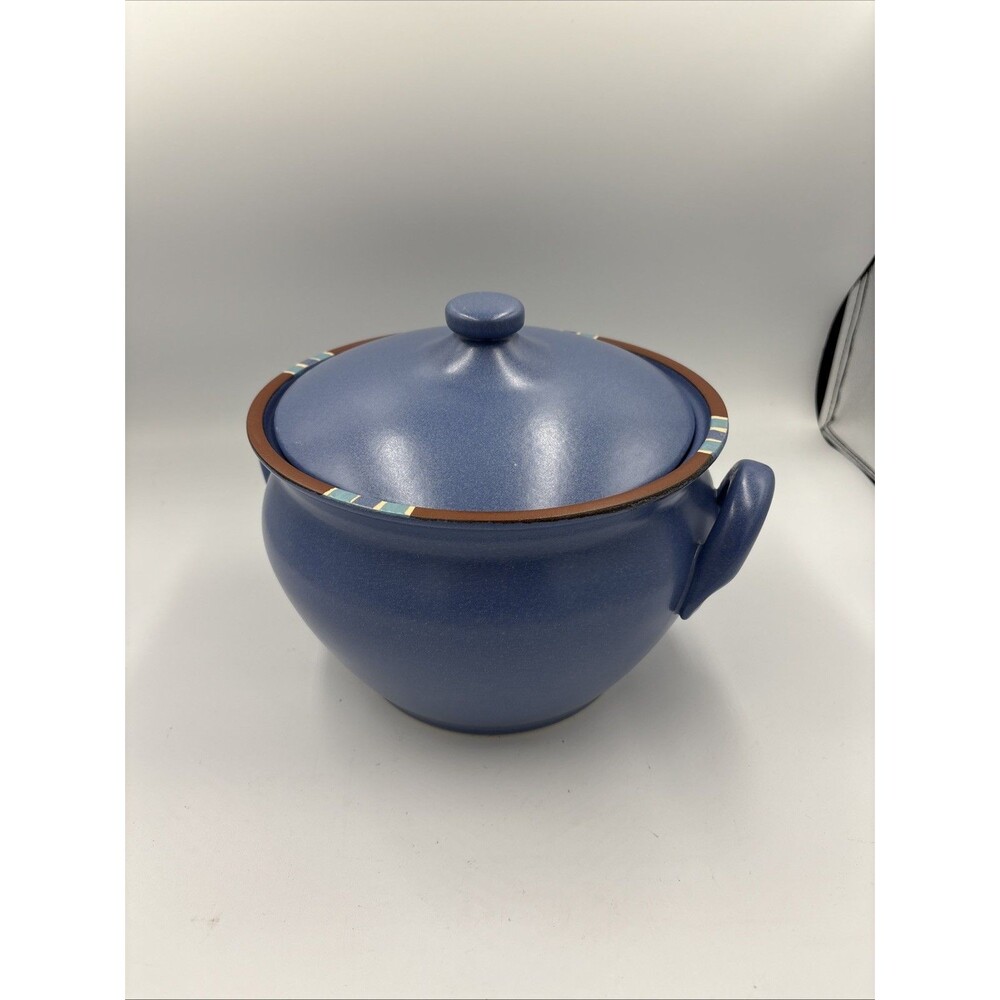 Mesa Dansk Sky Blue Soup Tureen Pot with Lid Terracotta Trim Rust Chipped 8"x8"